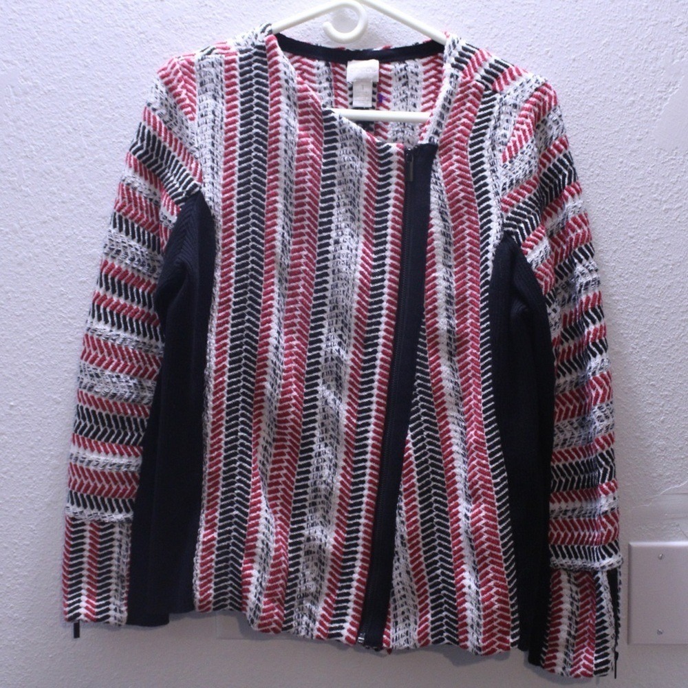 Chico's Red and Black Patterned Asymmetrical Women's Size 1/M/8 Knit Jacket